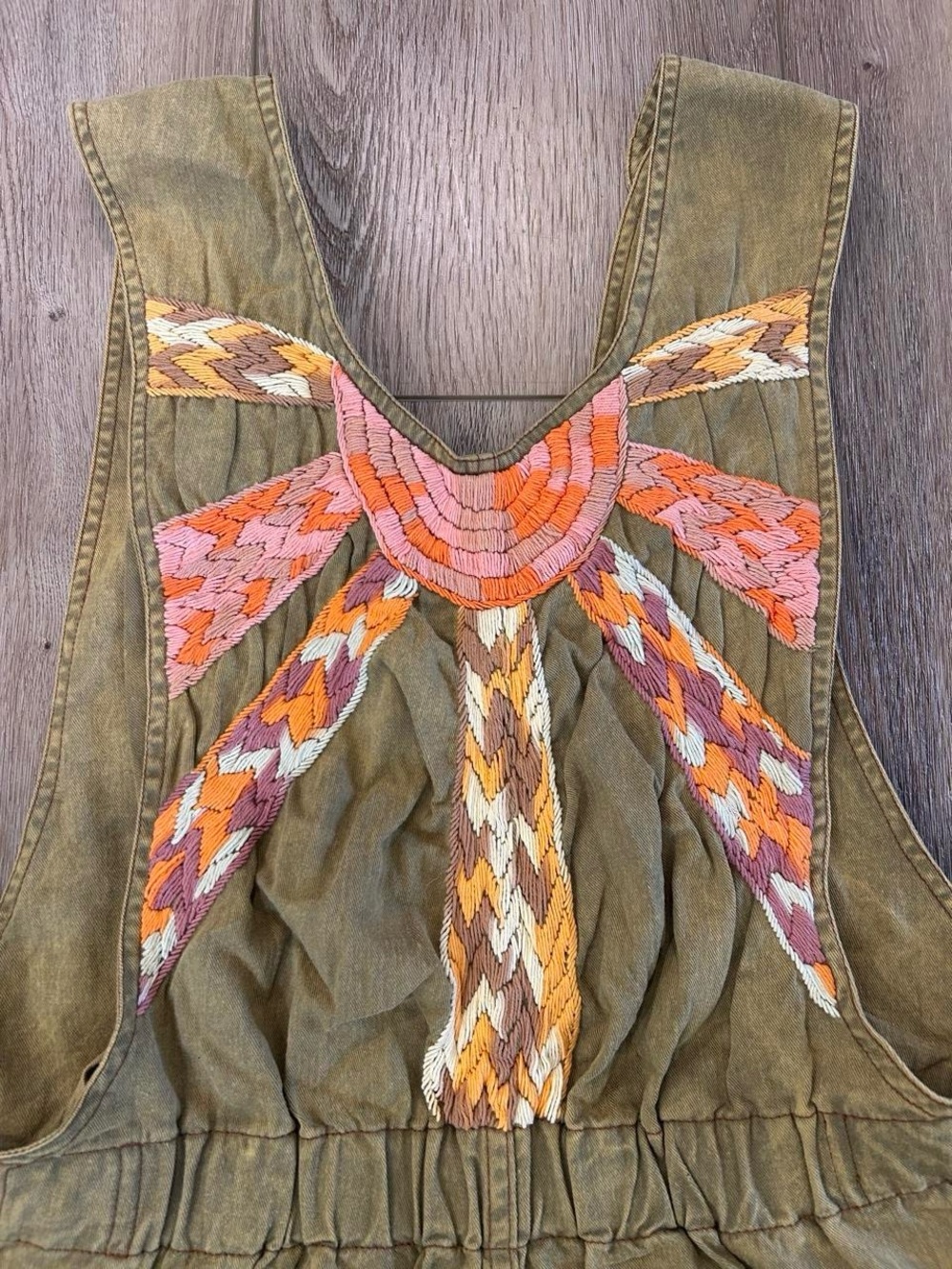 Chasing Unicorns Olive Green Denim Romper with Embroidered Waist Detail - Picture 6 of 8